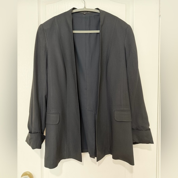 Theory Jackets & Blazers - Theory Open Front Blazer Black Ruched Sleeve Women’s 12